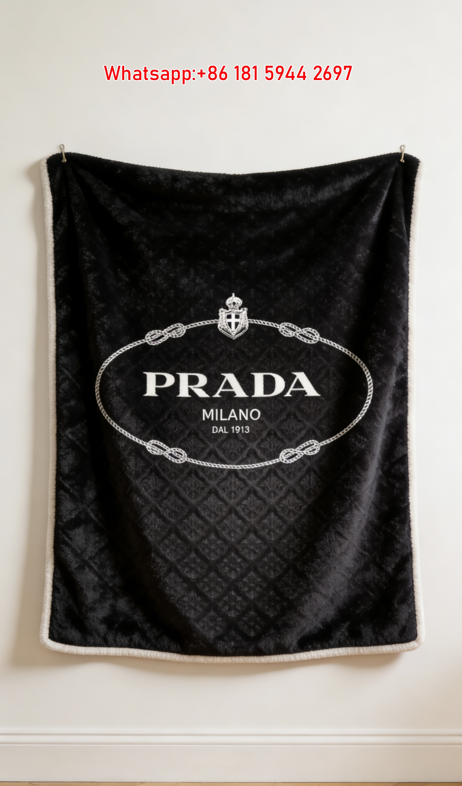 Prada Black Monogram Logo Printed Flannel Throw Blanket IMG_2768